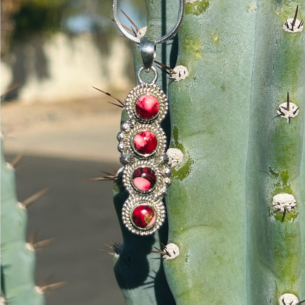 **SOLD** Red Rose Dahlia 4 Stone Sterling Silver Handmade Pendant
